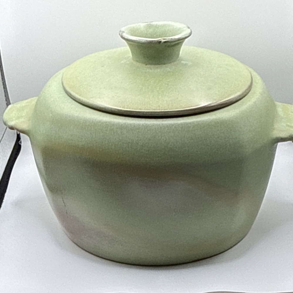 Frankoma Green Round Pottery Casserole Dish w/ Lid & Handles Marked S W